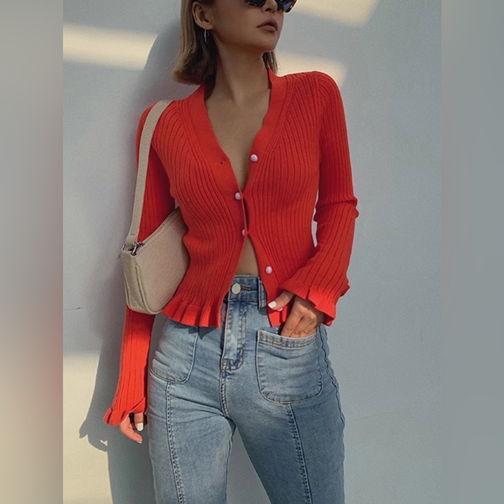 Commense Red Ribbed Cardigan